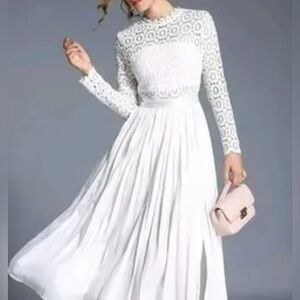 Stunning white long sleeved lace top dress with pleated skirt Haokeke sz M NWT